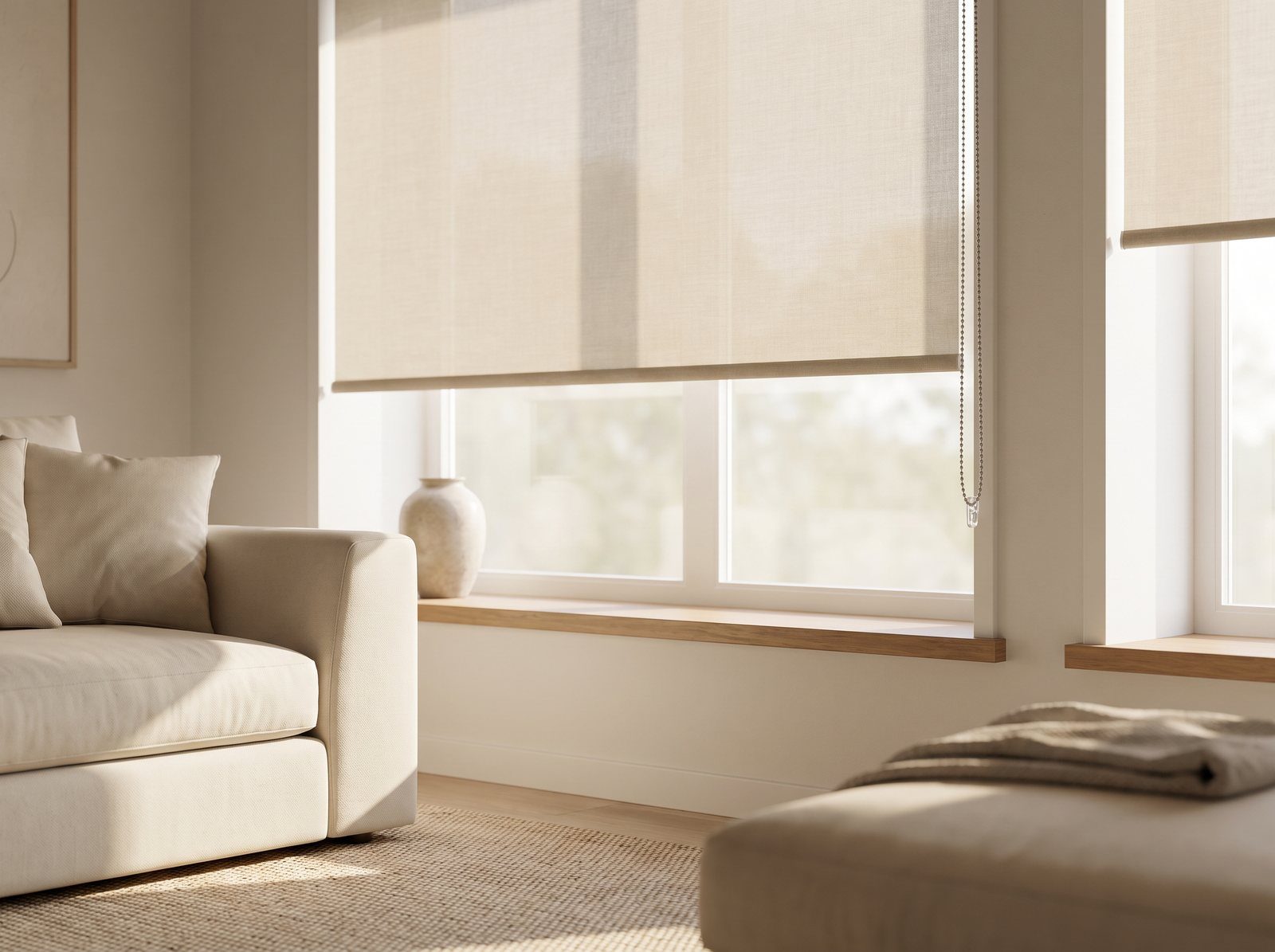 Warm-linen roller shade with a manual bead-chain control in a sunlit living room
