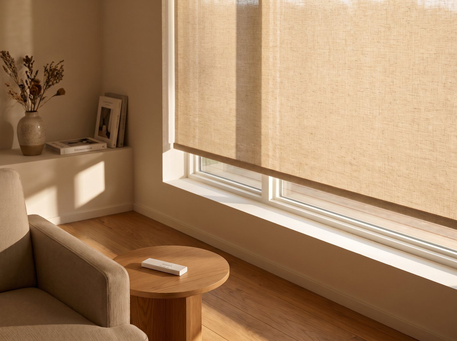Warm-linen roller shade with motorized control in a sunlit living room