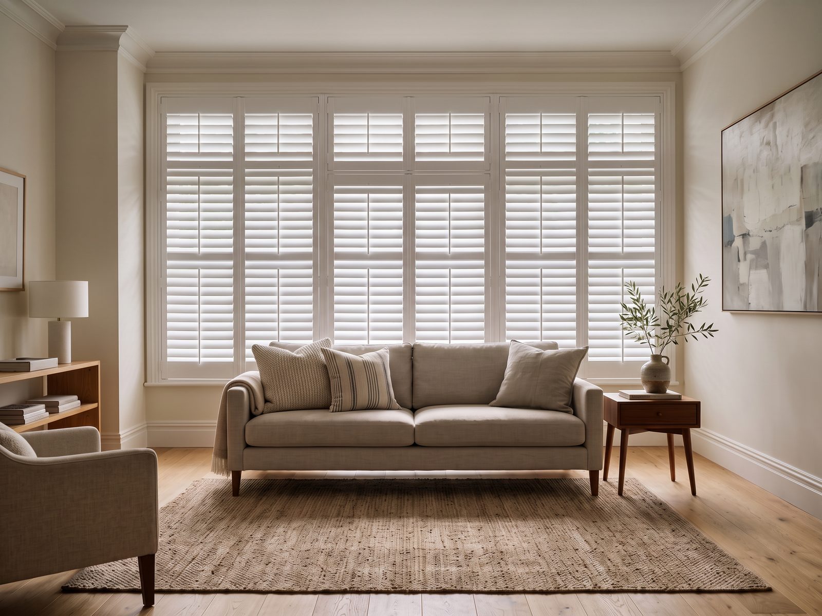 Same living room with plantation shutter louvers closed for privacy and softer light