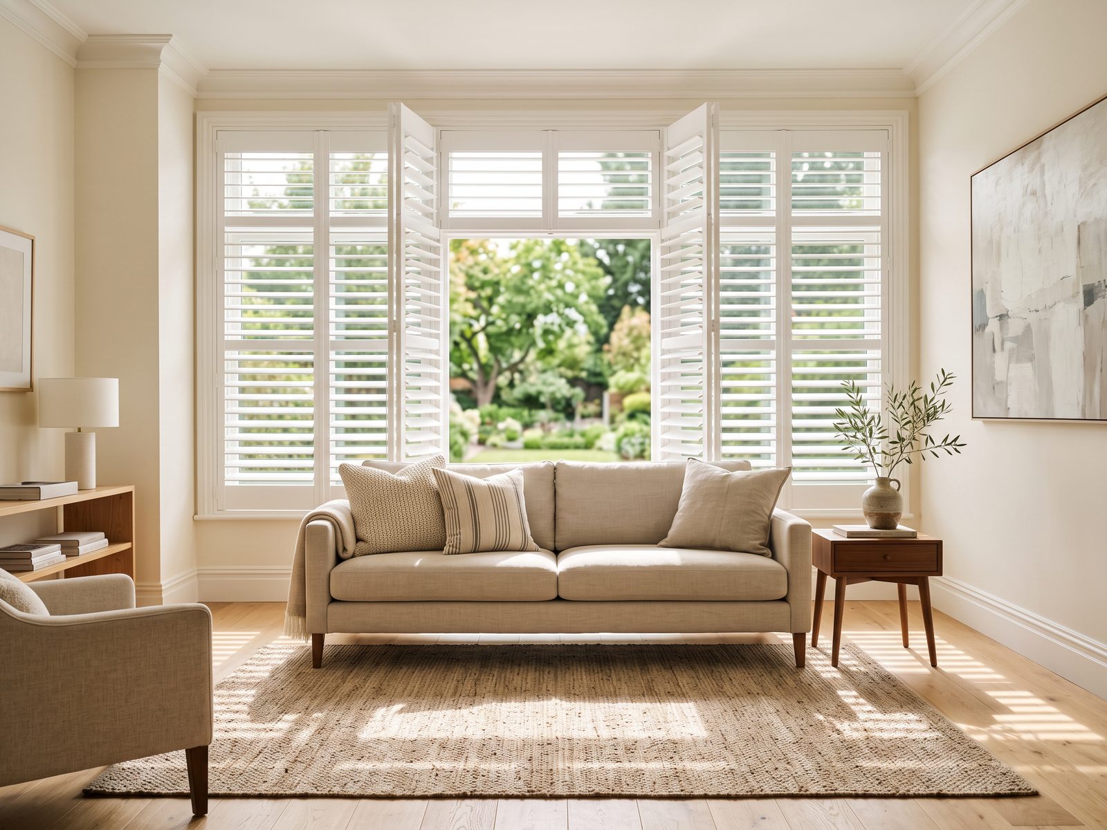 Living room with plantation shutter louvers open, bright light and garden view